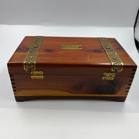 Vintage Wooden Latch Jewelry Storage Box Gold Tone Metal Blue Lining Mirror MCM - Picture 8 of 13